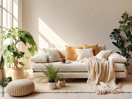 White sofa with plaid and cushions on knitted rug against of grid window between green houseplants. Scandinavian, hygge interior design of modern living room. Created with generative AI photo