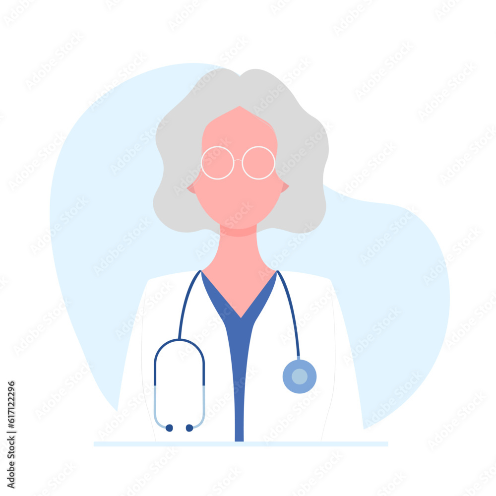 Vector illustration of a woman senior doctor or professor with short hair and glasses. Health care concept. Vector illustration in flat style. Vector illustration of a woman senior doctor or professor with short hair and glasses. Health care concept. Vector illustration in flat style.