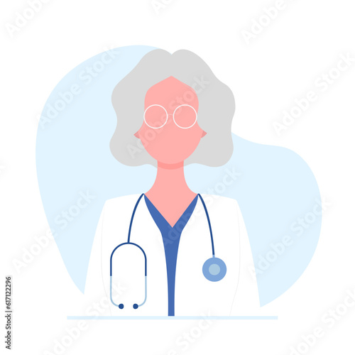 Vector illustration of a woman senior doctor or professor with short hair and glasses. Health care concept. Vector illustration in flat style.