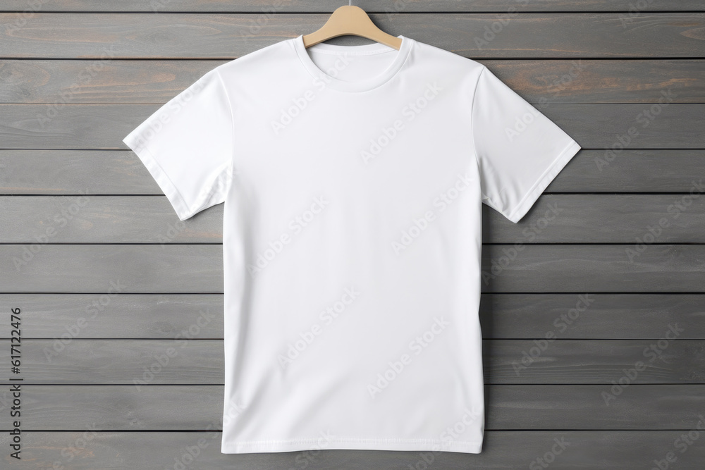 White tshirt mockup on hanger on wooden background, AI Generative White tshirt mockup on hanger on wooden background, AI Generative