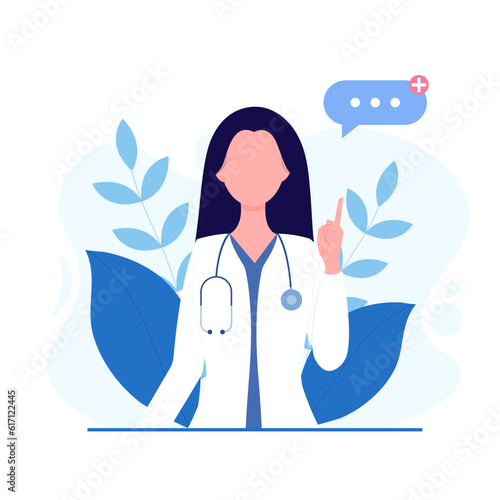 Woman doctor with long straight hair shows an idea with a finger or warns. Concept - doctor, healthcare. Vector illustration in flat cartoon style.