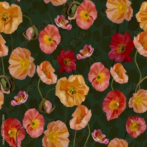 Poppies on an dark green background