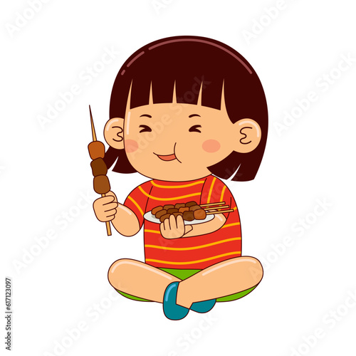 girl kids eating satay vector illustration