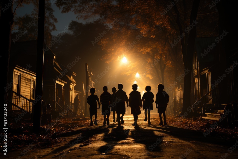 Fototapeta premium A group of costumed children trick-or-treating under a full moon, casting long shadows and embodying the Halloween spirit. Generative AI