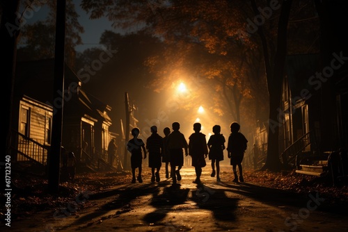 A group of costumed children trick-or-treating under a full moon, casting long shadows and embodying the Halloween spirit. Generative AI