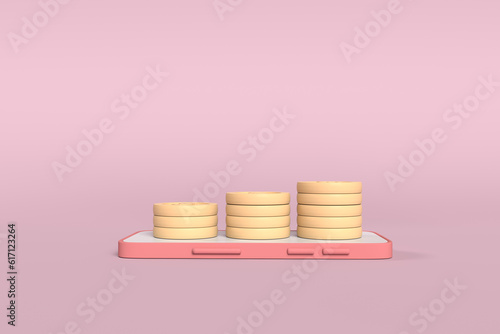golden coin on smartphone and pink blackgound , .3d illustration photo