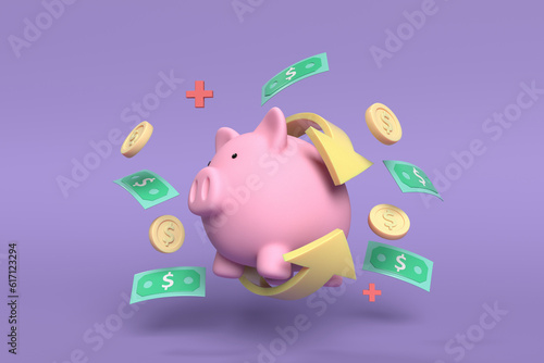 Money Piggy bank creative business concept. Realistic 3d design Pink pig keeps gold coins. Safe finance investment. Financial services on purple blackgound.3d illustration. photo