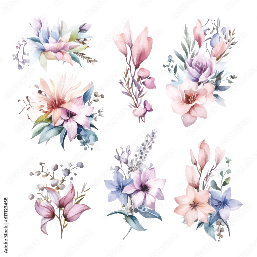 Soft Pastel Watercolor Florals: Fairy Arrangements on Transparent Background for Digital Art