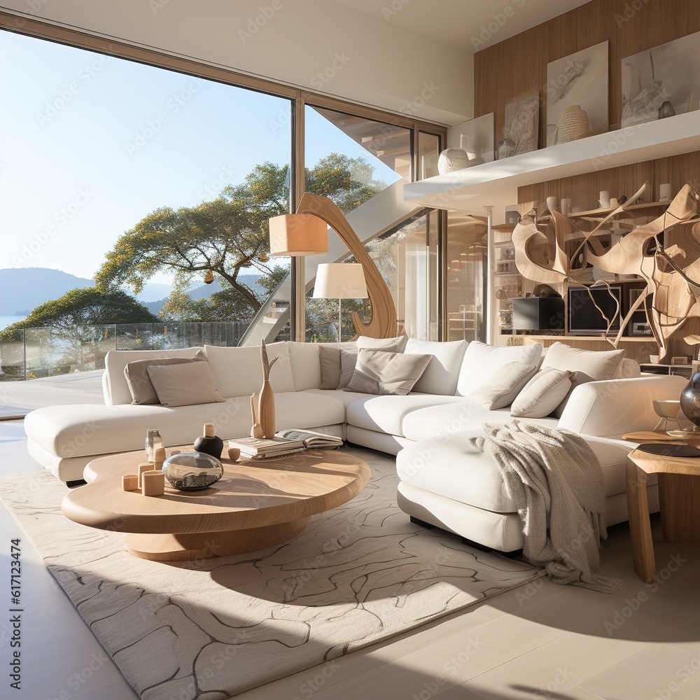 Fototapeta premium modern living room with a view of the coast Generative AI