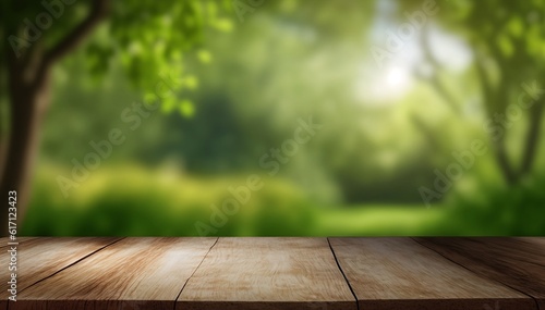 Wooden table on green nature background, Desk of free space for product display