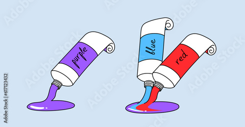 Mixing red and blue paint gives purple. Tubes of paint and color names in English. Illustration for beginners or English learners.