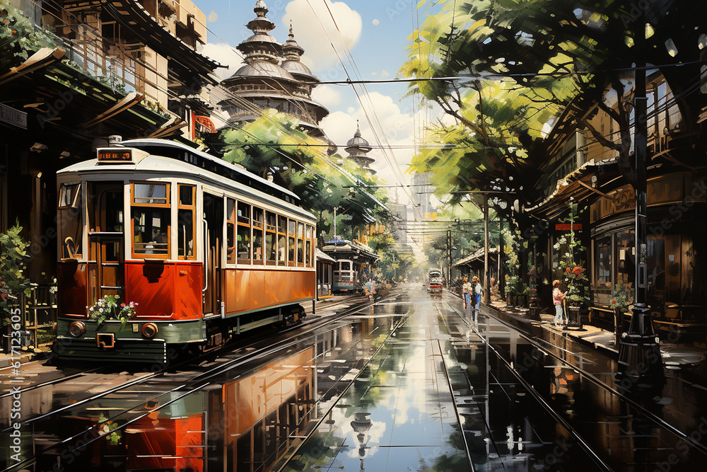 Oil painting of street in Tokyo, Generative AI
