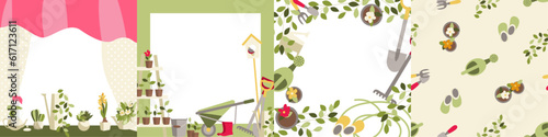 gardening. set of vector frames or cards and vector pattern with gardening tools and potted flowers