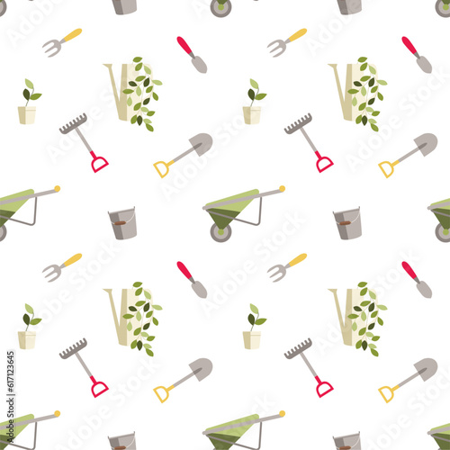 gardening. seamless vector pattern with gardening tools and potted flower