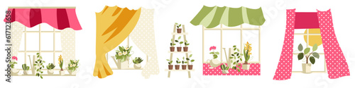 set of vector illustrations with cute windows with bright curtains and flowers in pots
