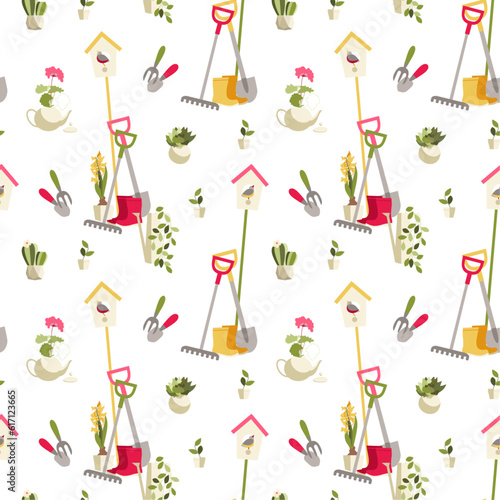 gardening. seamless vector pattern with gardening tools and potted flower