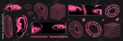 Retro futuristic set with wireframe shapes and collage elements.
Woman eyes and ear. Contemporary vector illustration.