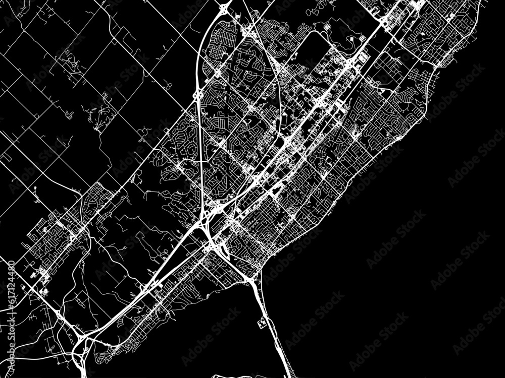 Vector road map of the city of  Burlington Ontario in Canada with white roads on a black background.