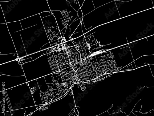 Vector road map of the city of  Belleville Ontario in Canada with white roads on a black background.