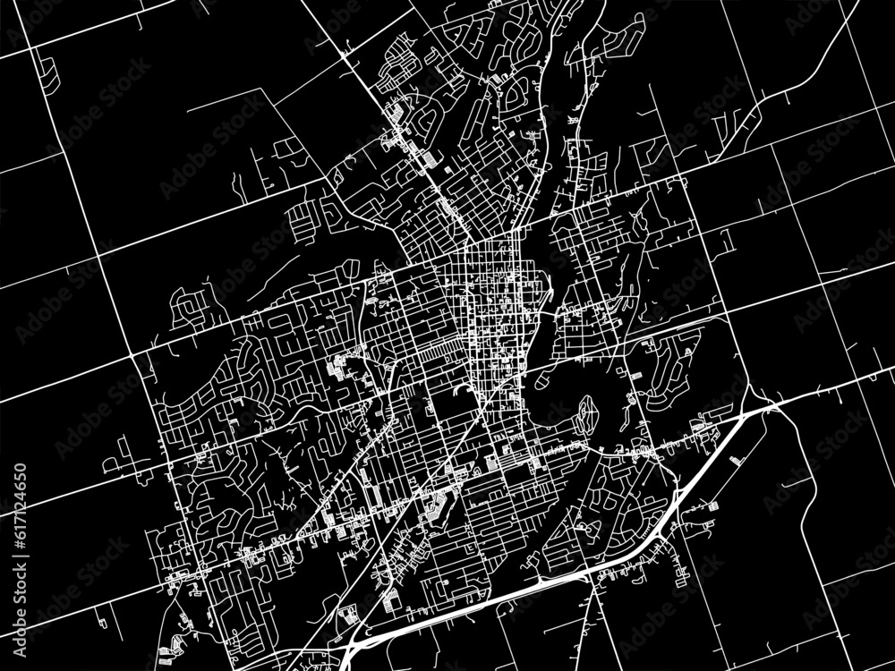 Vector road map of the city of  Peterborough Ontario in Canada with white roads on a black background.