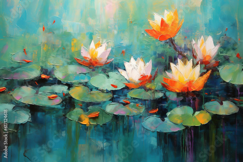 Pink Lotus oil painting beautiful scenery quit pond. Generative ai blooming water lily flowers. Sunny summer weather interior wall painting design illustration