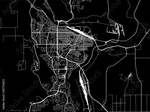 Vector road map of the city of  Prince George British Columbia in Canada with white roads on a black background.