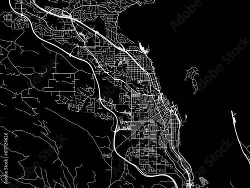 Vector road map of the city of  Nanaimo British Columbia in Canada with white roads on a black background.