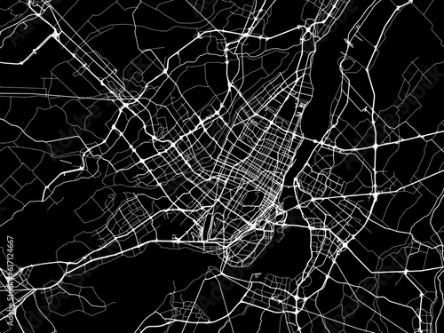 Vector road map of the city of Montreal Quebec in Canada with white roads on a black background.