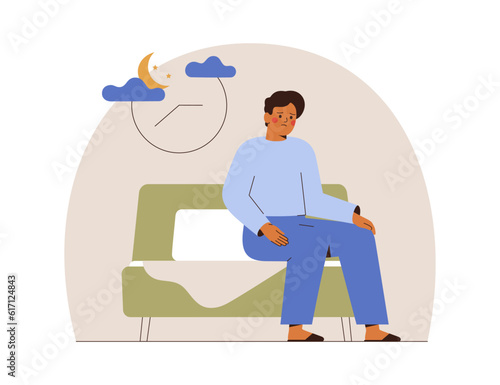 Young man suffers from insomnia. Worried teen boy sits on the bed at night and couldn't to sleep. Sleeplessness as a sign for psychological problem or depression. Vector illustration