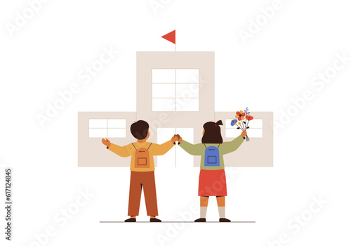 Back to school. Girl and boy with backpacks hold hands and walk to the class. Classmates meet together at the first day of study year near school building. Elementary education concept. Vector