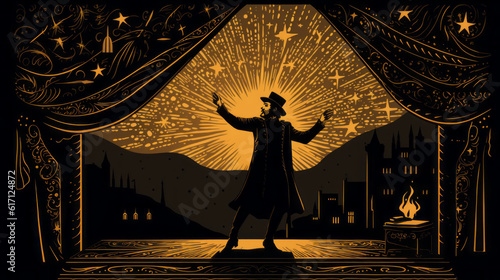Magician Actor Theater Stage, Curtains, Stars, Vintage Woodcut, Illustrative, Generative AI