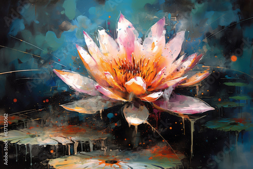 Pink Lotus oil painting beautiful scenery quit pond. Generative ai blooming water lily flowers. Sunny summer weather interior wall painting design illustration