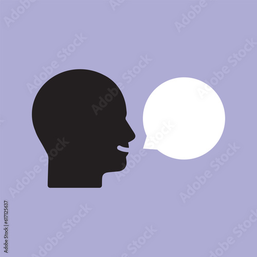 happy man head with white speech bubble. flat cartoon style trend modern graphic art design isolated on lilac background. concept of cheerful male advises or consulting and simple communication