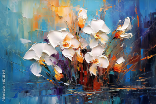 Pink Orchid beautiful bouquet oil painting. Generative ai blooming orchid flowers. Beautiful floral interior wall painting design illustration