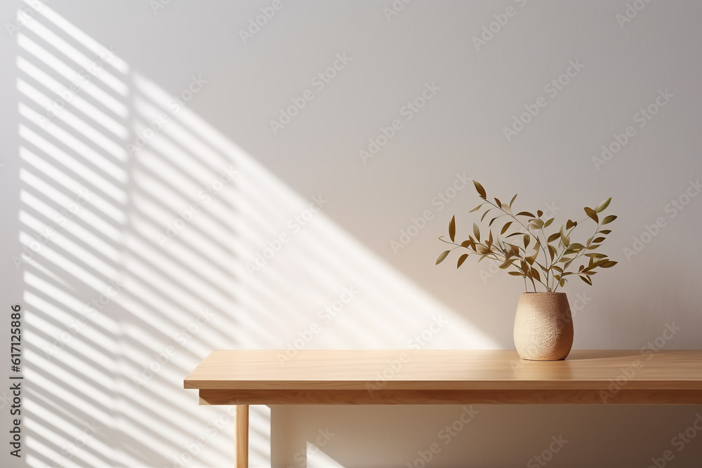 Table shadow background. Wooden table and white empty wall with plant shadows Table shadow background. Wooden table and white empty wall with plant shadows