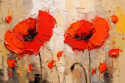 Red Poppy beautiful field oil painting. Generative ai blooming orchid flowers. Beautiful floral interior wall painting design illustration