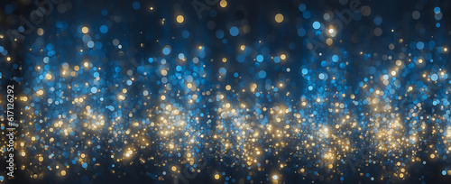 Gold glitter bokeh background, holiday illumination and decoration concept, christmas bokeh golden lights over blue background, blue and gold glitter light bokeh