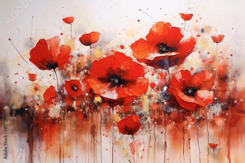Red Poppy beautiful field oil painting. Generative ai blooming orchid flowers. Beautiful floral interior wall painting design illustration