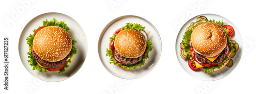 Delicious Burger on a plate isolated on transparent background. Fresh tasty and appetizing cheeseburger. Tasty burger top view