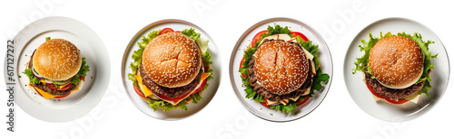 Delicious Burger on a plate isolated on transparent background. Fresh tasty and appetizing cheeseburger. Tasty burger top view