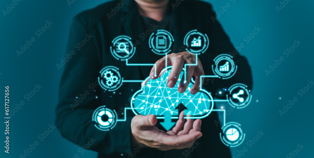 man holding icon cloud computing diagram show on hand. data storage ...