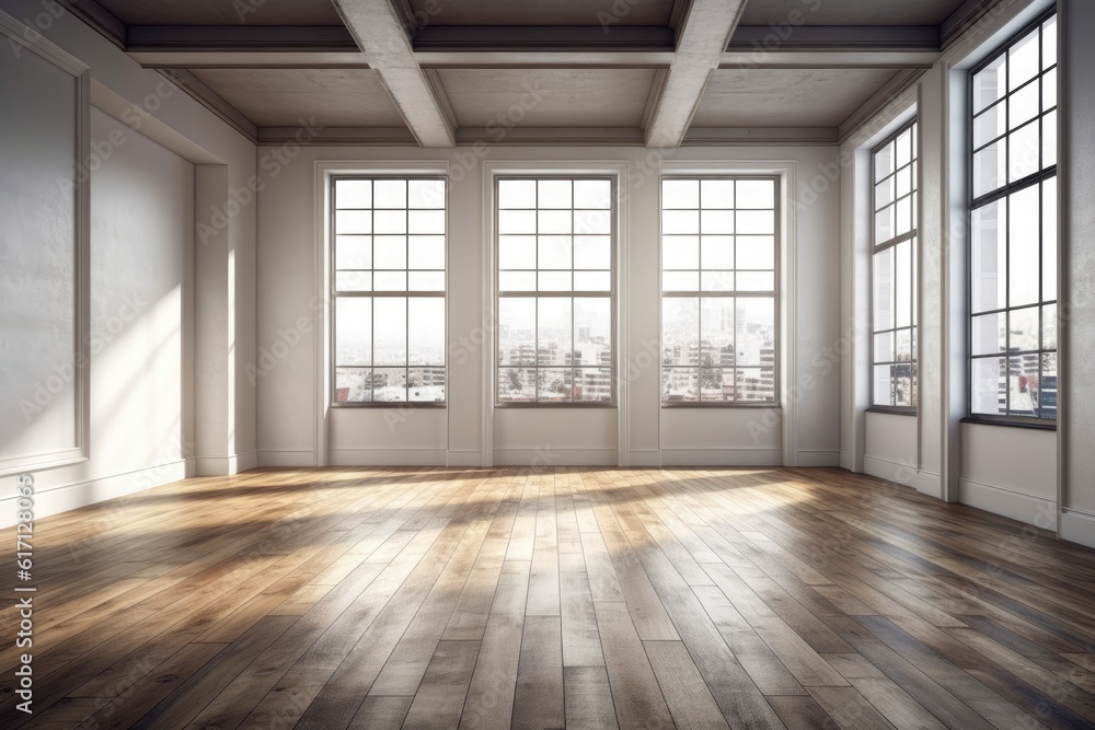 Large window in a white, empty room with wood floors. interior mock up of a loft. blank home space. Generative AI