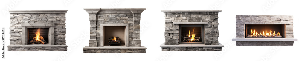 fireplace modern, classic and stone style. beautiful lit fireplaces surrounded by modern tile. isolated on transparent background fireplace modern, classic and stone style. beautiful lit fireplaces surrounded by modern tile. isolated on transparent background
