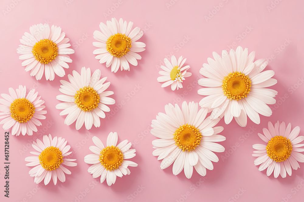Obraz premium Beautiful chamomile daisy flower on neutral pink background. Minimalist floral concept, ai generative