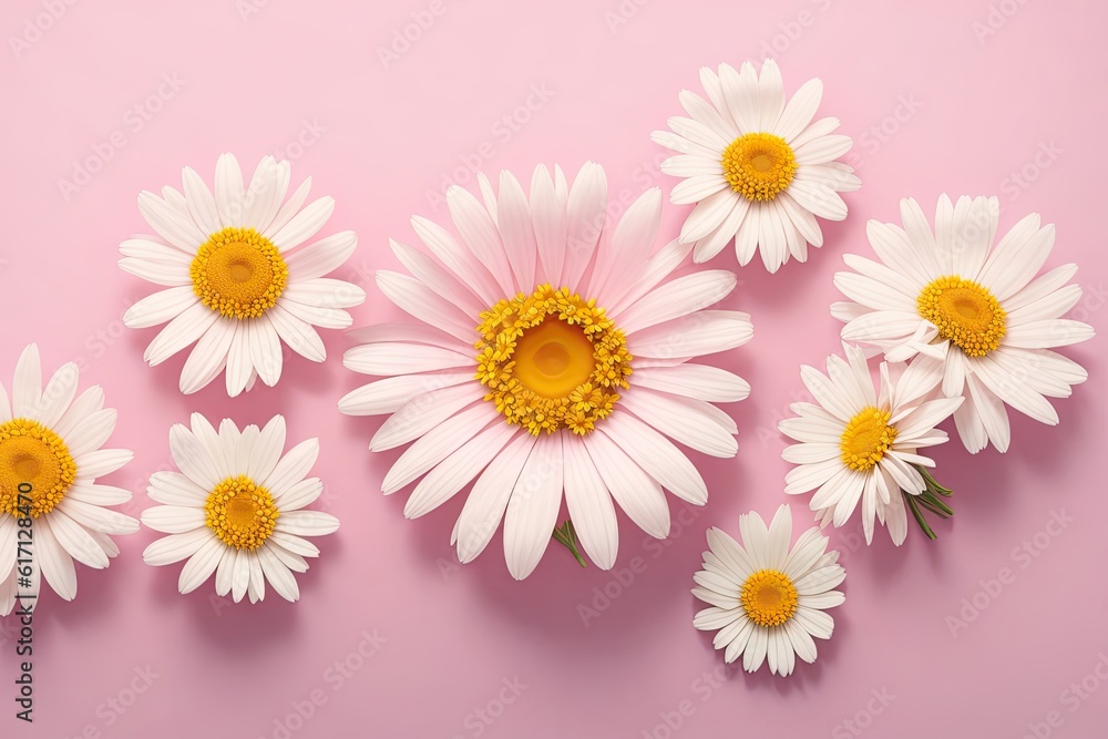 Obraz premium Beautiful chamomile daisy flower on neutral pink background. Minimalist floral concept, ai generative