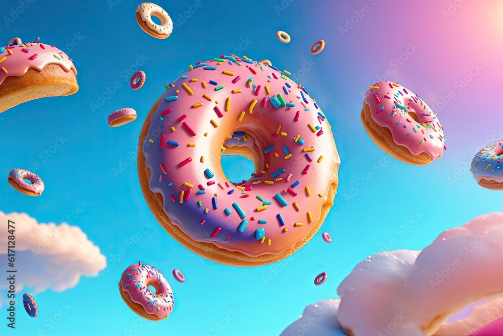 decorated doughnuts in motion falling on blue background. Sweet and colourful doughnuts, ai generative decorated doughnuts in motion falling on blue background. Sweet and colourful doughnuts, ai generative