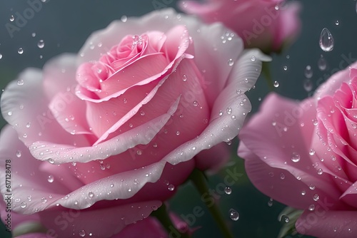 Close up of pink rose petails covered dew water drops, ai generative photo