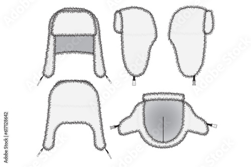 Fur Ushanka Trapper Winter Hat Cap Flat Illustration Cad Accessory Winter Streetwear Mockup Blank Vector Faux Fur Strap Cold	