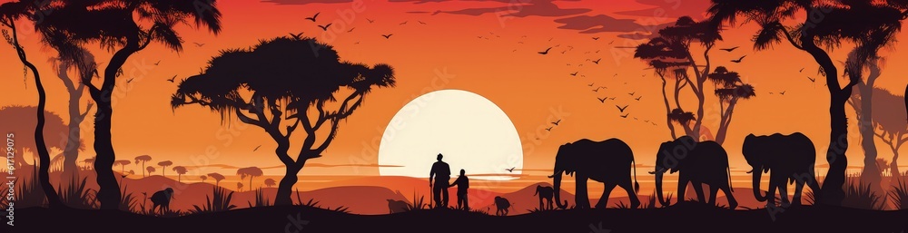 African savannah landscape with sunset, culture and nature concept. Generative AI African savannah landscape with sunset, culture and nature concept. Generative AI