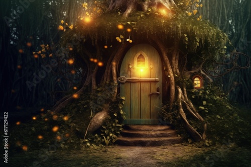 Magic door in the middle of the forest  concept of fantasy and dreams  digital illustration. Generative AI